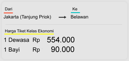Jakarta (Tanjung Priok) Belawan  Dari  Ke 1 Dewasa  Rp 554.000 1 Bayi        Rp 90.000 Harga Tiket Kelas Ekonomi