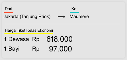 Jakarta (Tanjung Priok) Maumere  Dari  Ke 1 Dewasa  Rp 618.000 1 Bayi        Rp 97.000 Harga Tiket Kelas Ekonomi