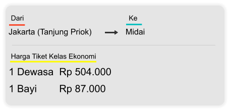Jakarta (Tanjung Priok) Midai Dari  Ke 1 Dewasa  Rp 504.000 1 Bayi        Rp 87.000 Harga Tiket Kelas Ekonomi
