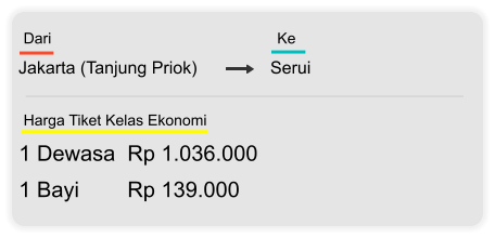 Jakarta (Tanjung Priok) Serui Dari  Ke 1 Dewasa  Rp 1.036.000 1 Bayi        Rp 139.000 Harga Tiket Kelas Ekonomi