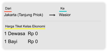 Jakarta (Tanjung Priok) Wasior Dari  Ke 1 Dewasa  Rp 0 1 Bayi        Rp 0 Harga Tiket Kelas Ekonomi